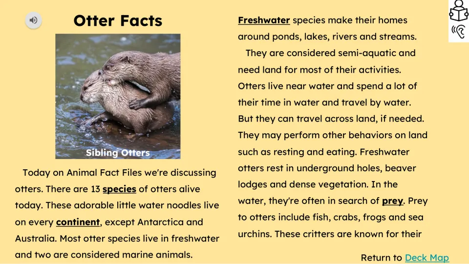 Opening reading passage describes 13 otter species, their distribution, freshwater habitats, and prey.