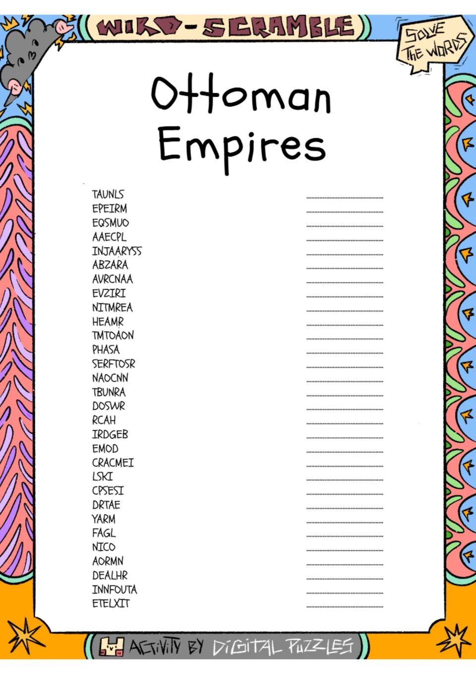 Ottoman Empire word scramble: 30 scrambled terms, including TAUNLS, EPEIRM, EQSMUO, and AAECPL.