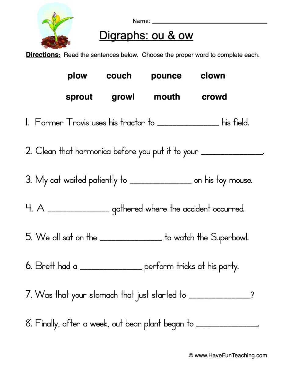 OU and OW practice worksheet: eight sentences using a word bank of plow, couch, pounce, clown and four more words.