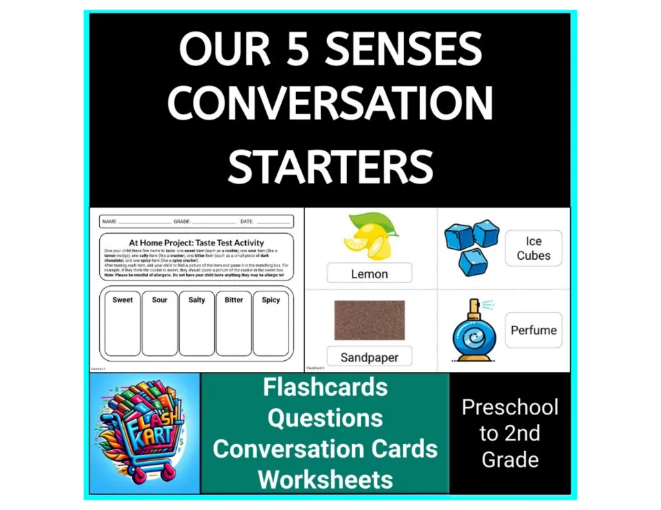 Our 5 Senses Conversation Starters cover showing a taste test worksheet and picture cards for lemon, ice cubes and perfume