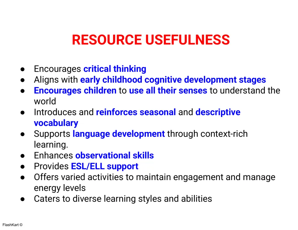 Resource Usefulness list from the publisher, naming aims such as vocabulary, observation skills and ESL/ELL support
