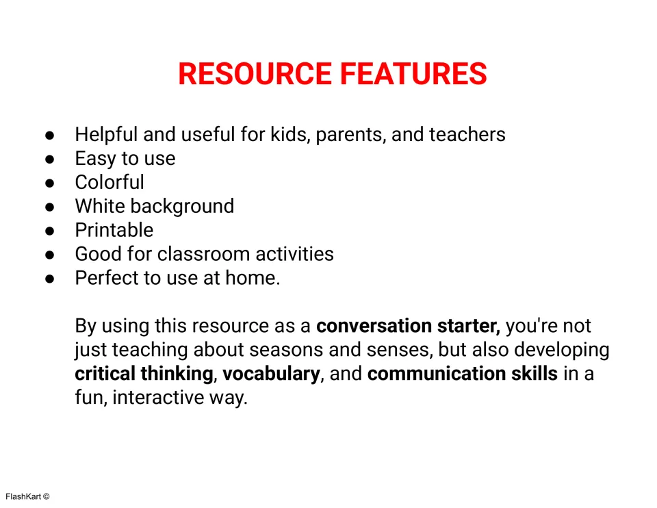 Resource Features list: printable, white background, for class or home, plus a note on using cards as conversation starters