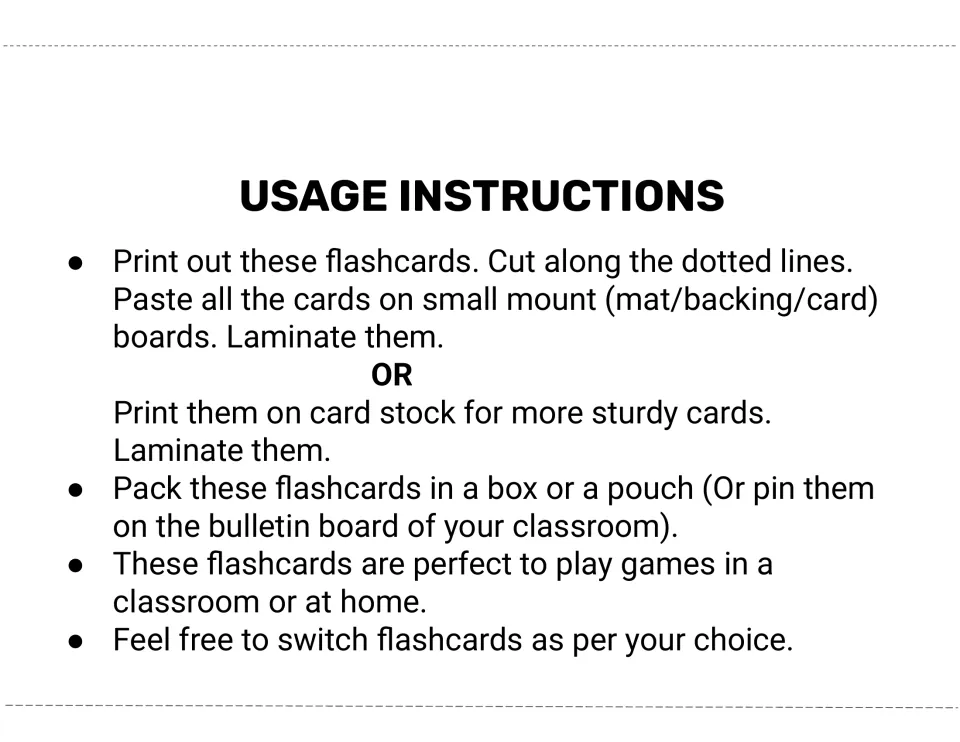 Usage instructions for the flashcards: print, cut on dotted lines, mount or use card stock, laminate, then store or pin up