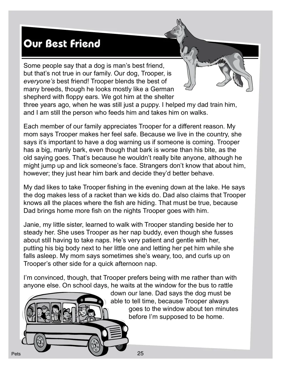Story 'Our Best Friend' part 1: a narrator tells how each family member, Mom, Dad and sister Janie, enjoys Trooper