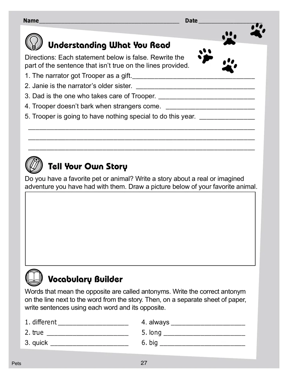Reading follow-up: rewrite 5 false statements, write a pet story, and find antonyms for 6 words like true and quick