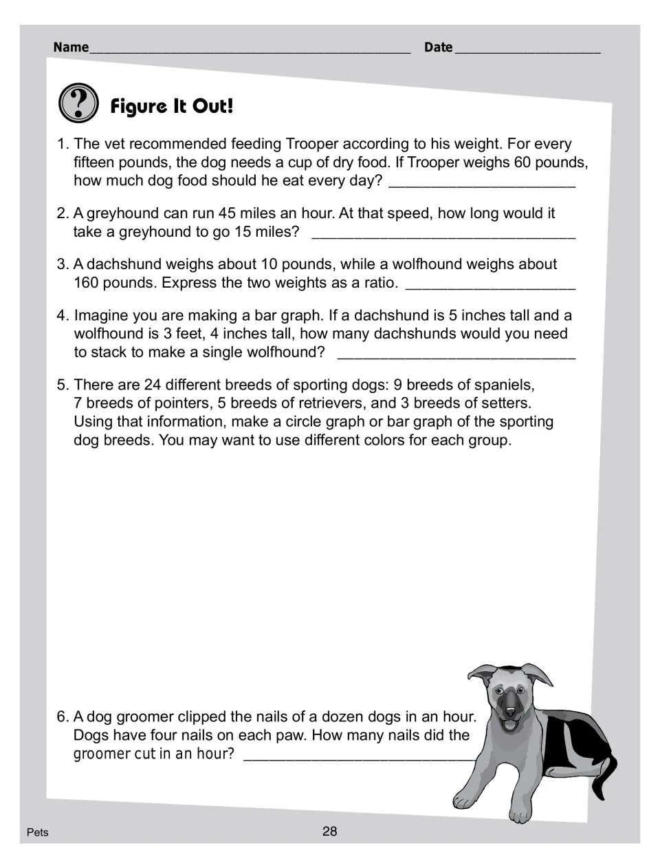 'Figure It Out!' math: 6 dog word problems on food per 60 pounds, greyhound speed, a weight ratio and a breed graph