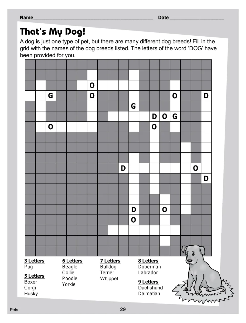 'That's My Dog!' puzzle: fit 15 dog breed names, from Pug to Dalmatian, with the letters of DOG already filled in