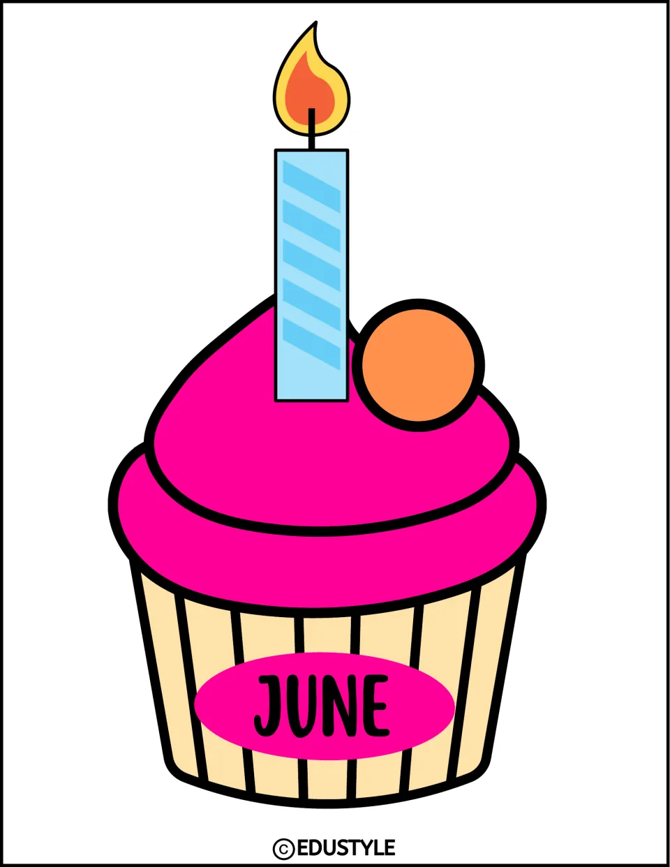June cupcake for the birthday bulletin board or door display, with pink frosting and a blue candle