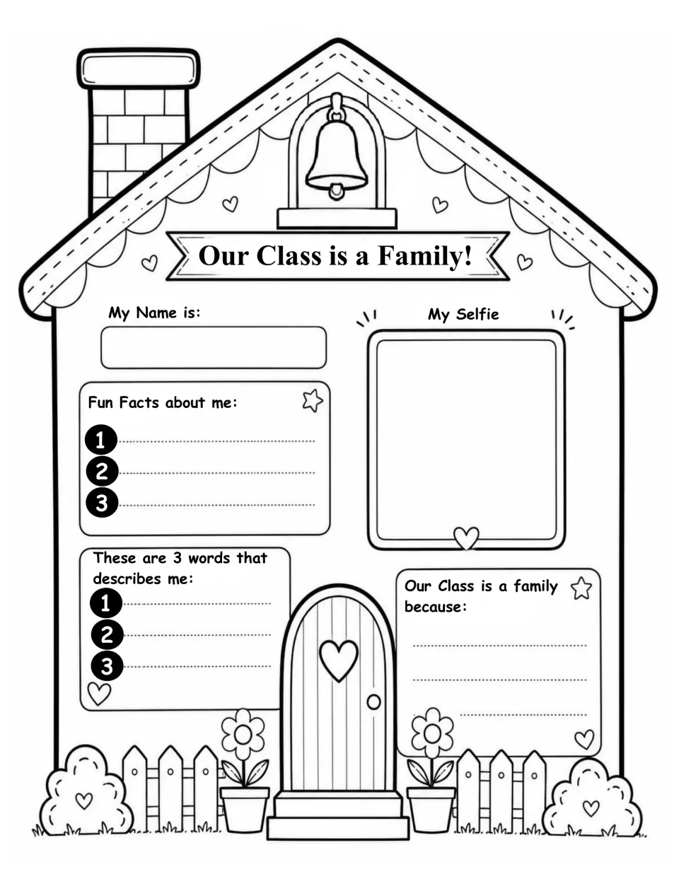 Class family house: students add name, selfie, 3 fun facts, 3 words that describe them and why the class is a family
