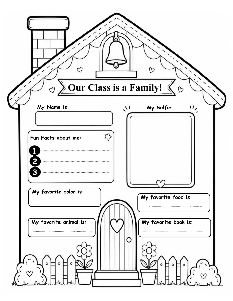 Favorites house page: students add name, selfie and 3 fun facts, then write their favorite color, food, animal and book