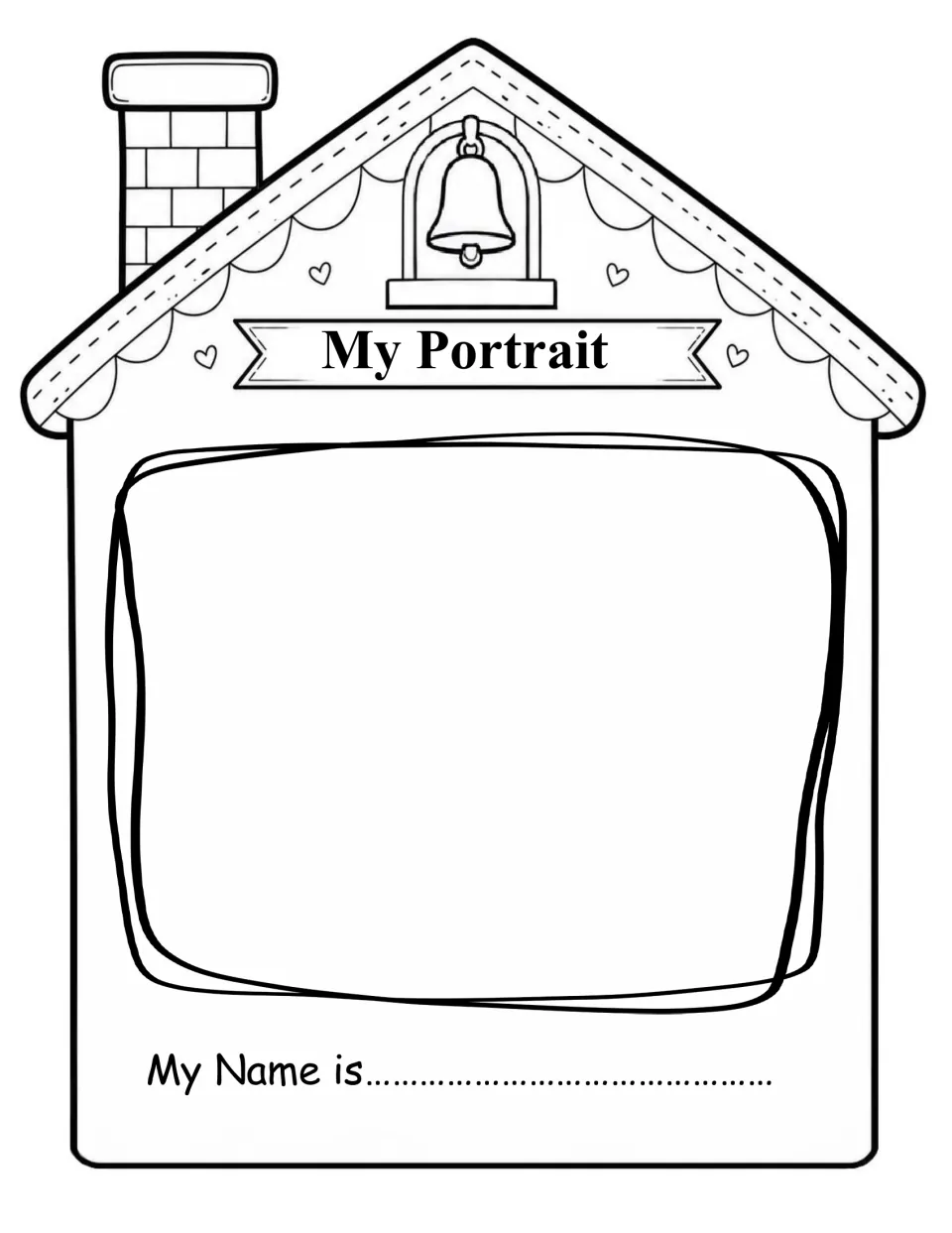 My Portrait drawing page: students draw a self-portrait inside a schoolhouse and complete the sentence My name is