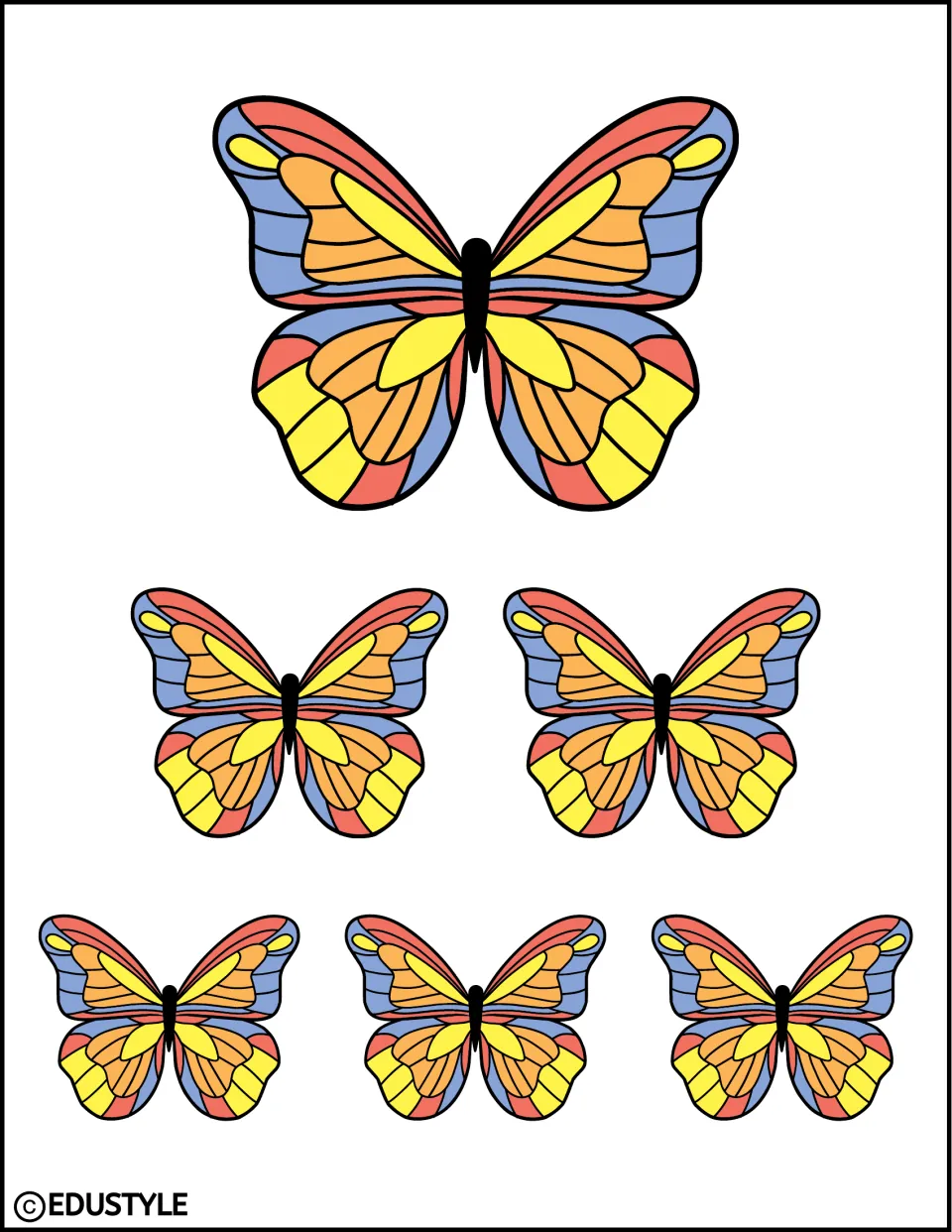 Six multicolored butterfly cutouts in three sizes for the kit's spring bulletin board and door decor