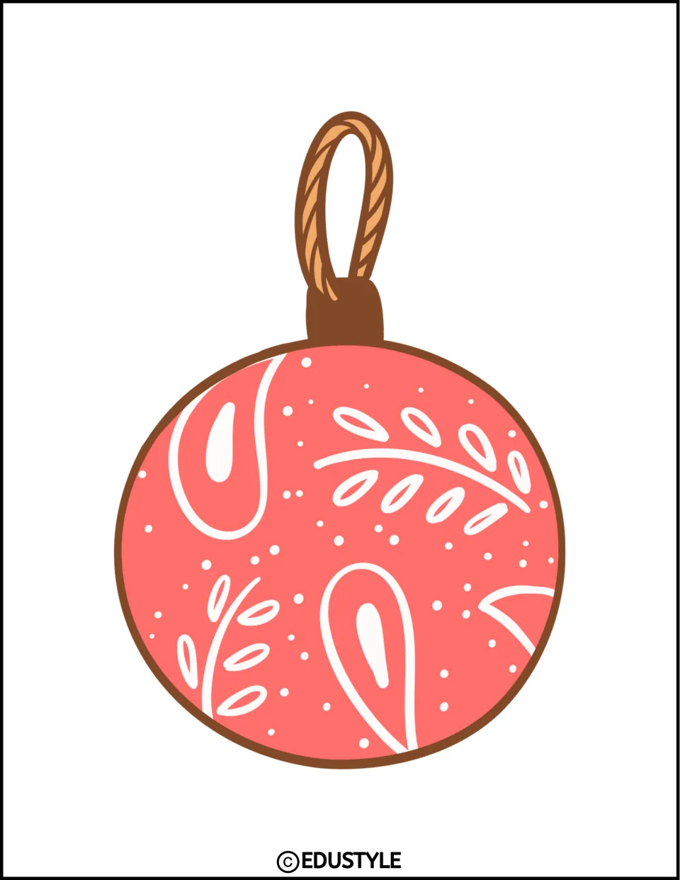 Smaller coral ornament cutout with white paisley motifs and a rope loop for the Cowboy Christmas display