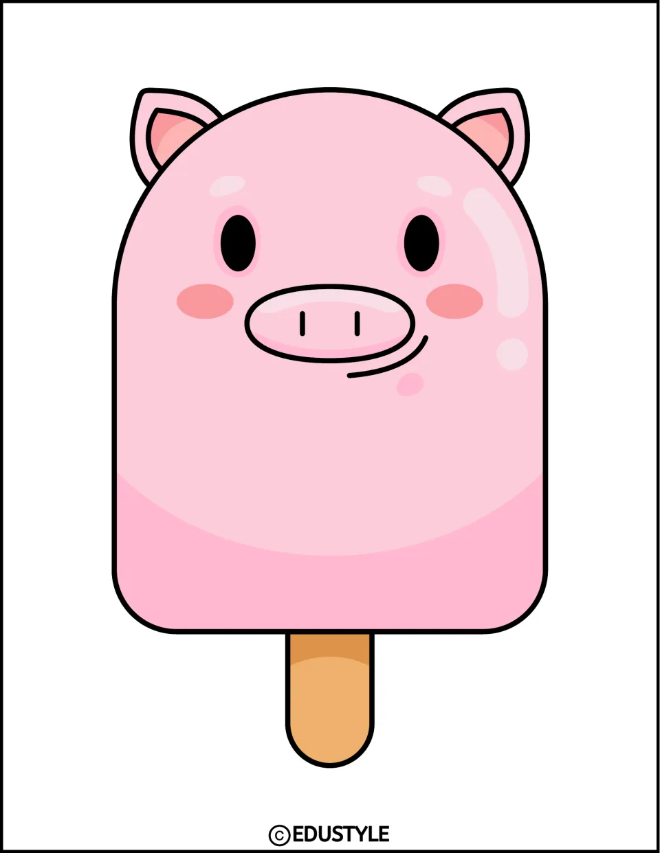 Popsicle character cut-out: a smaller pink pig ice pop with ears, a snout, blushing cheeks and a stick