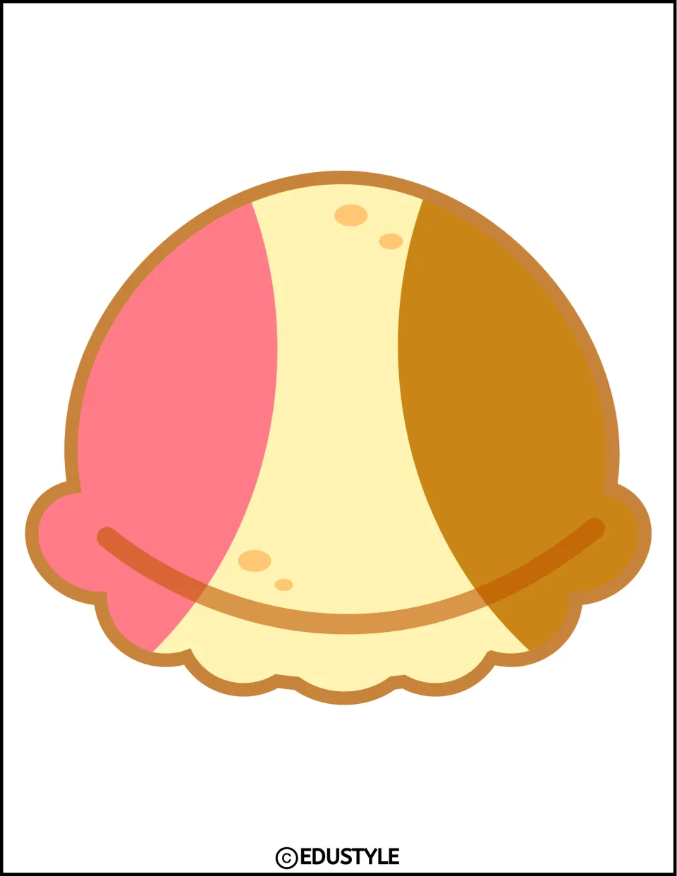 Three-flavor ice cream scoop with pink, pale yellow and brown sections, sized to cut out and display
