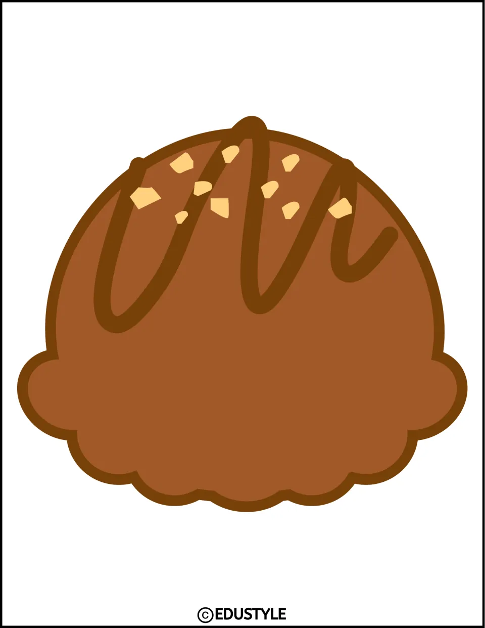 Brown ice cream scoop with a darker swirl drizzle and light tan bits on top, a scalloped shape for the display