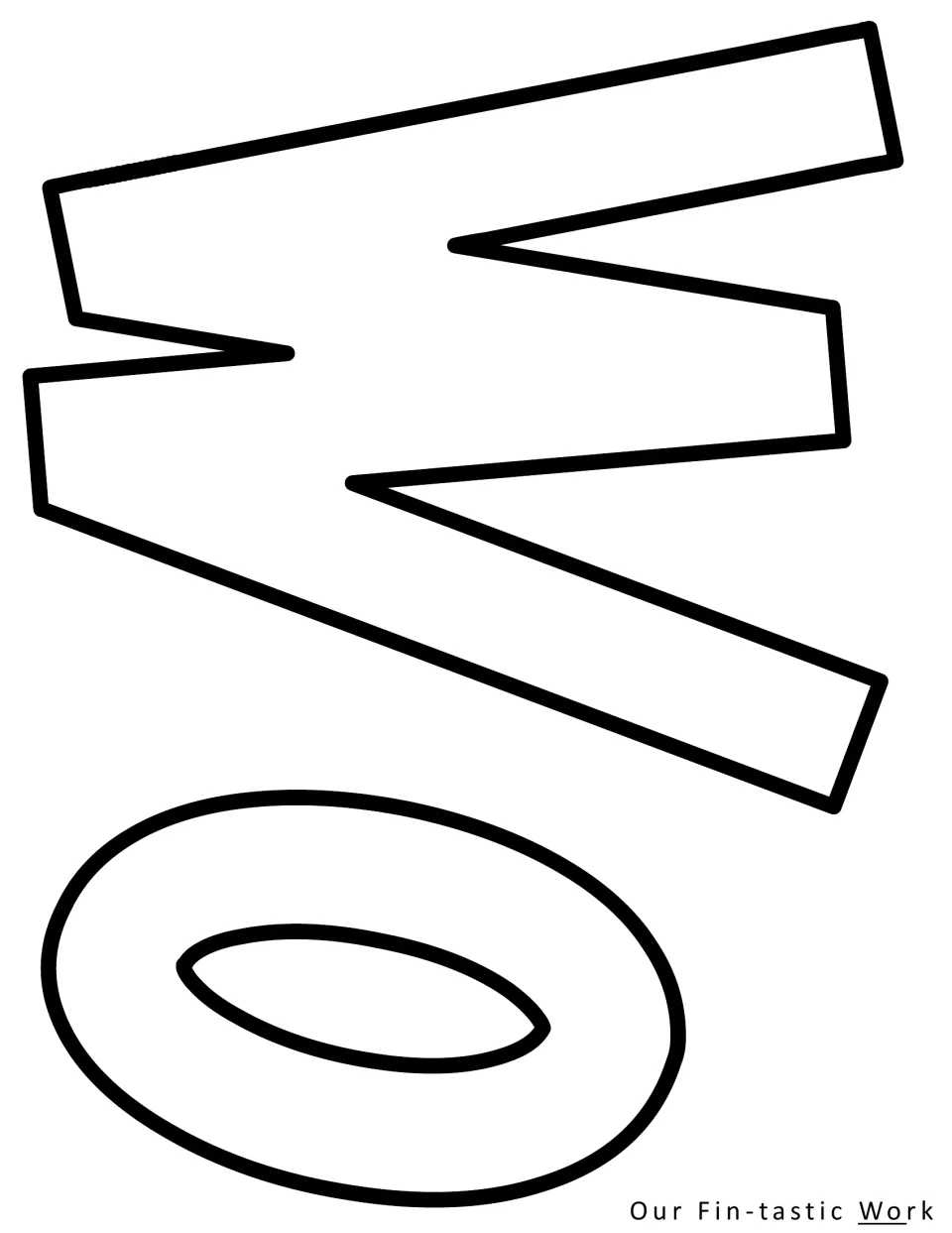 Outlined capital W and letter o for an alternate "Our Fin-tastic Work" heading, printed sideways to cut out