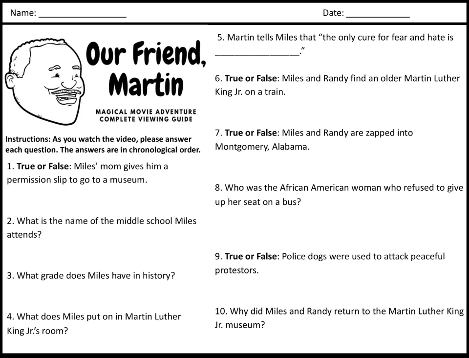 Movie viewing questions 1-10: students answer true/false and short questions as Miles meets Dr. King in Montgomery