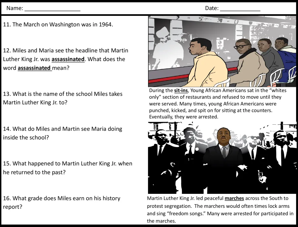 Viewing questions 11-16 on the March on Washington and the word assassinated, beside short sit-in and march readings