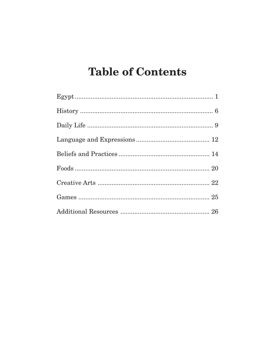 Table of contents lists Egypt, History, Daily Life, Language and Expressions, and five more guide sections