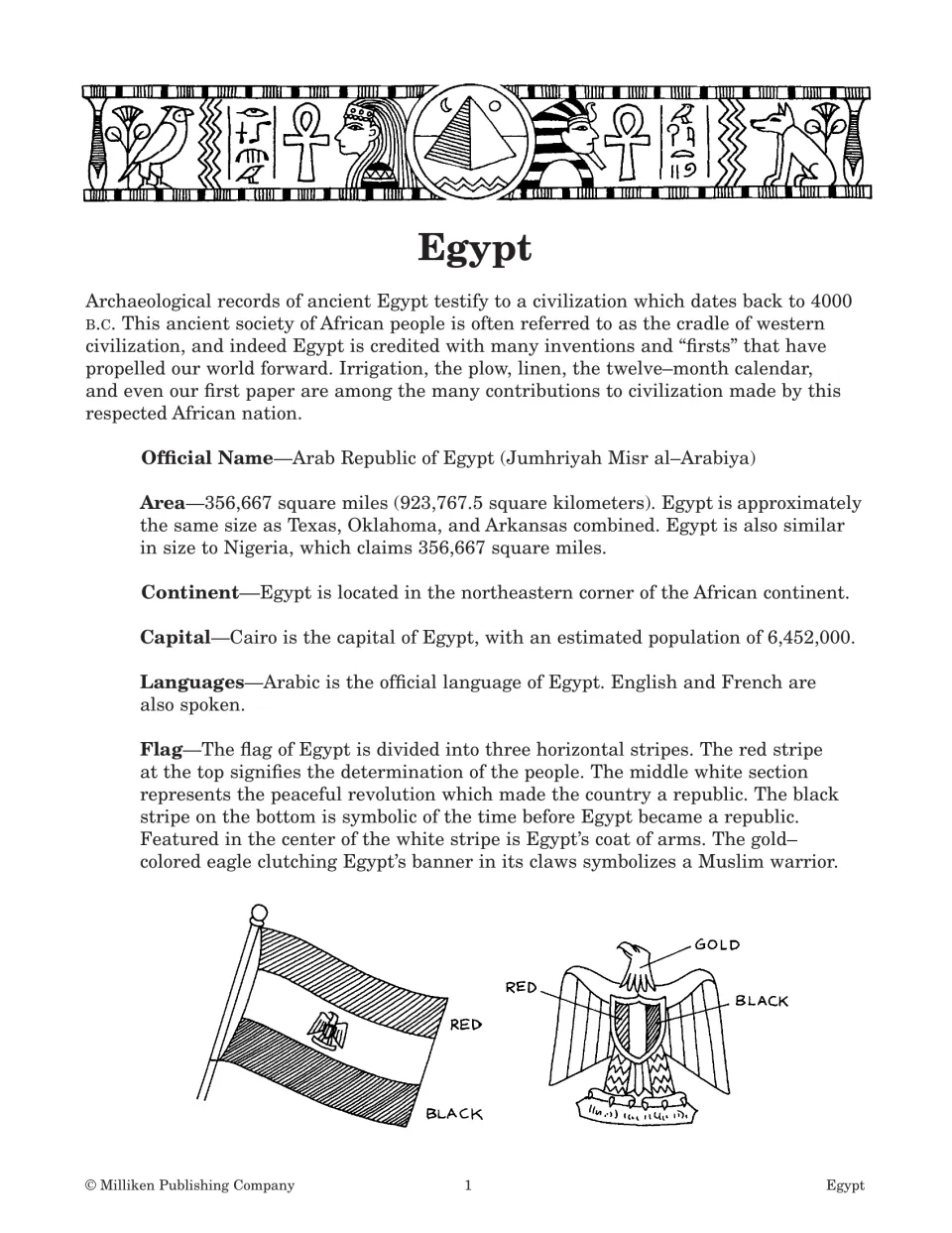Opening Egypt reading covers ancient contributions, official name, area, capital, languages, and flag symbolism
