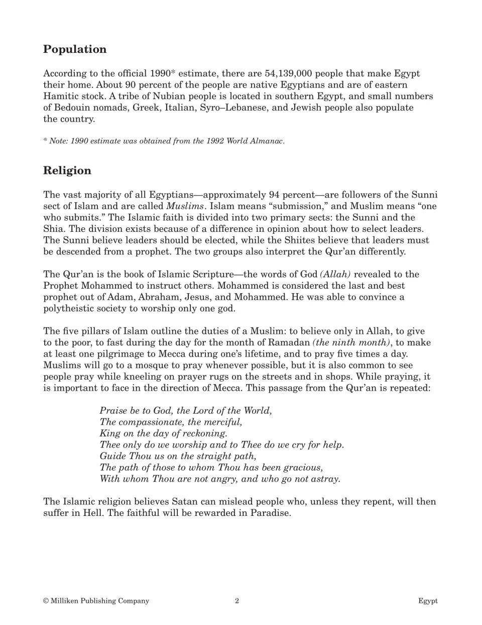 Population and Religion reading gives a 1990 population estimate and describes Islam, prayer, and the Qur'an