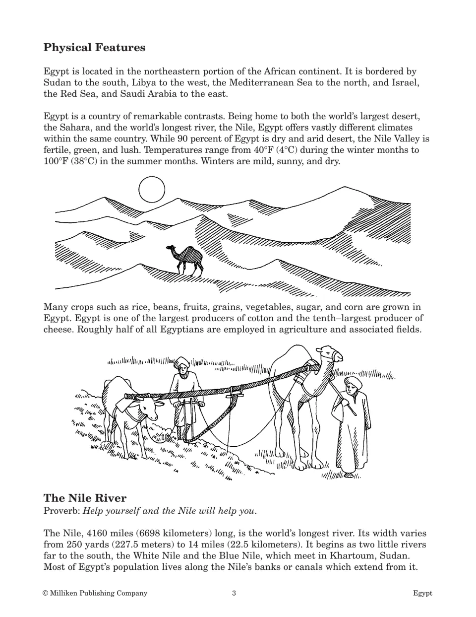 Physical Features reading covers Egypt's borders, desert, climate, crops, and the Nile River's course