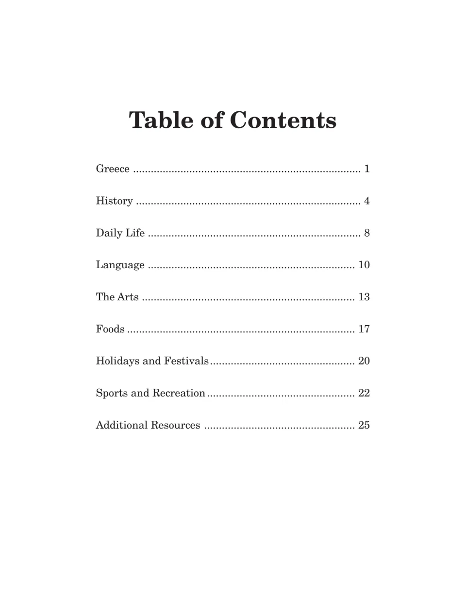 Contents page lists nine sections covering Greece, history, daily life, language, arts, food, and more
