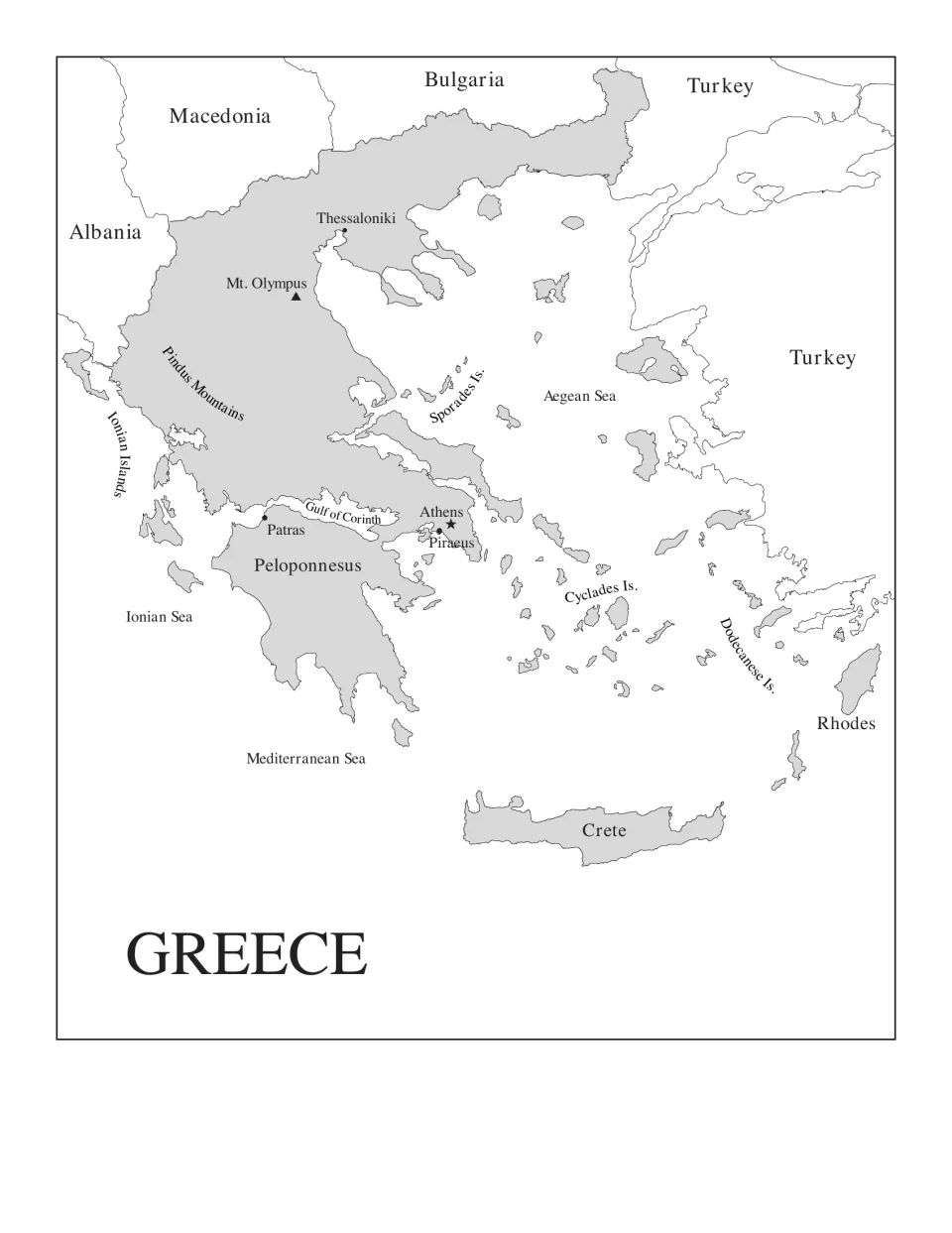 Reference map of Greece labels Athens, Crete, Rhodes, Mount Olympus, neighboring countries, and seas