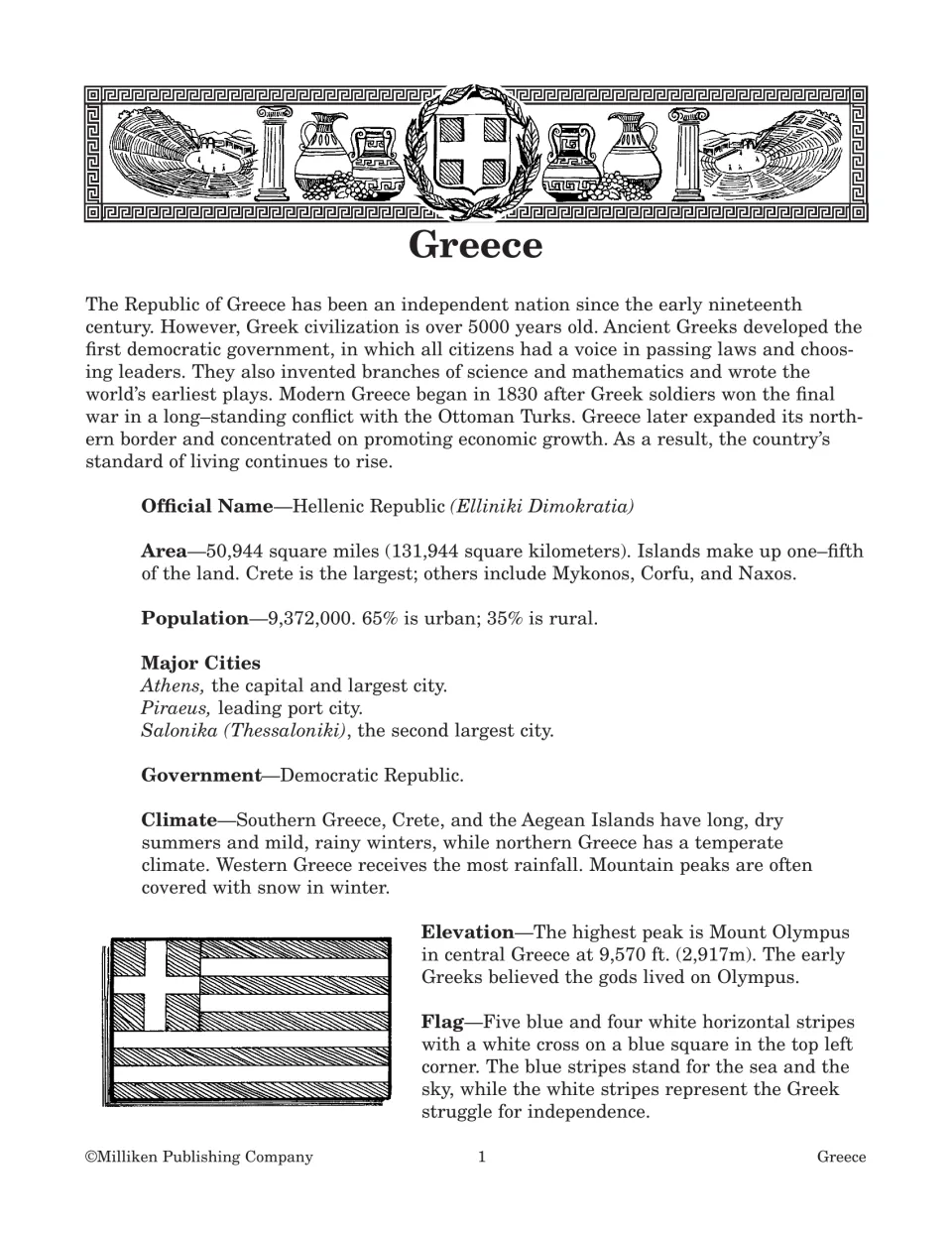 Opening Greece reading introduces its history and facts about its name, area, cities, climate, and flag