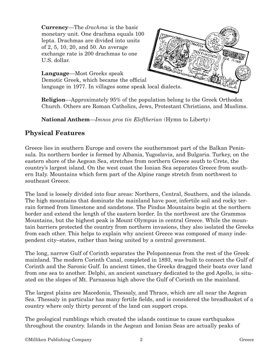 Country reading continues with currency, language, religion, the national anthem, and physical features