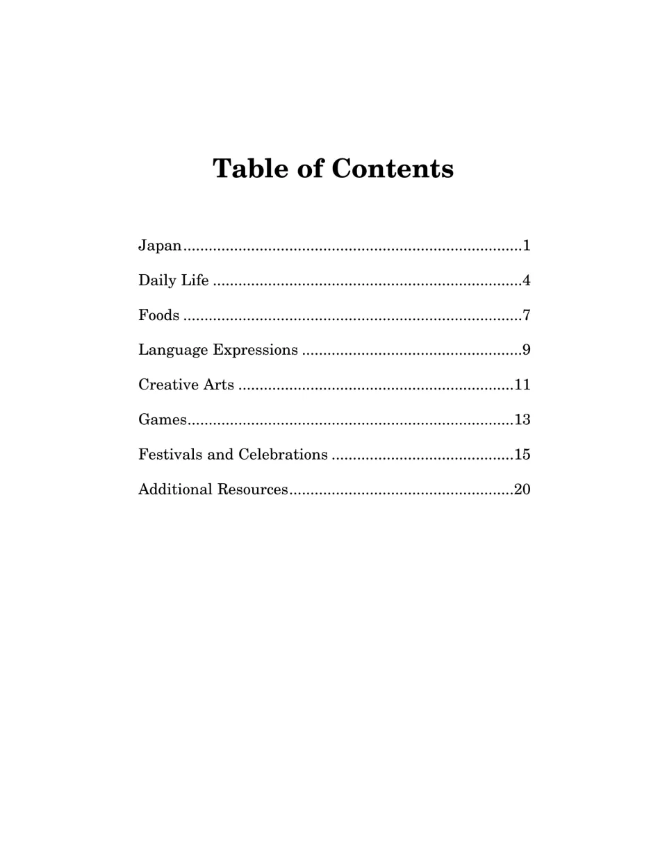Guide contents lists Japan, Daily Life, Foods, Language Expressions, Creative Arts, Games, and two more sections