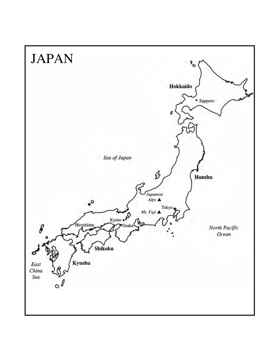Japan reference map labels Hokkaido, Honshu, Shikoku, Kyushu, major cities, Mount Fuji, and surrounding seas
