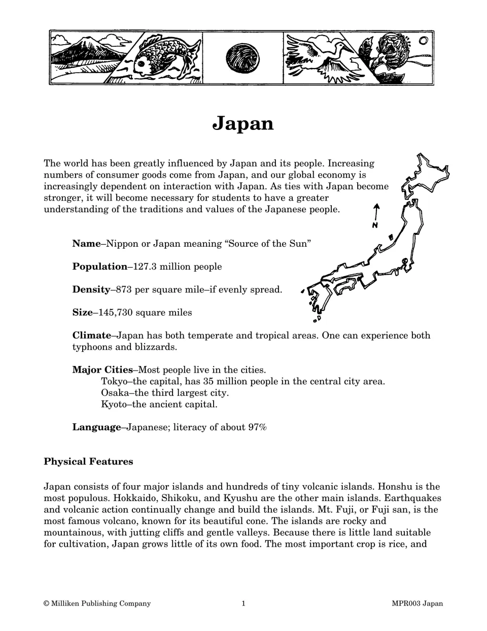 Japan reading page 1 introduces the country's name, population, climate, cities, language, and physical features