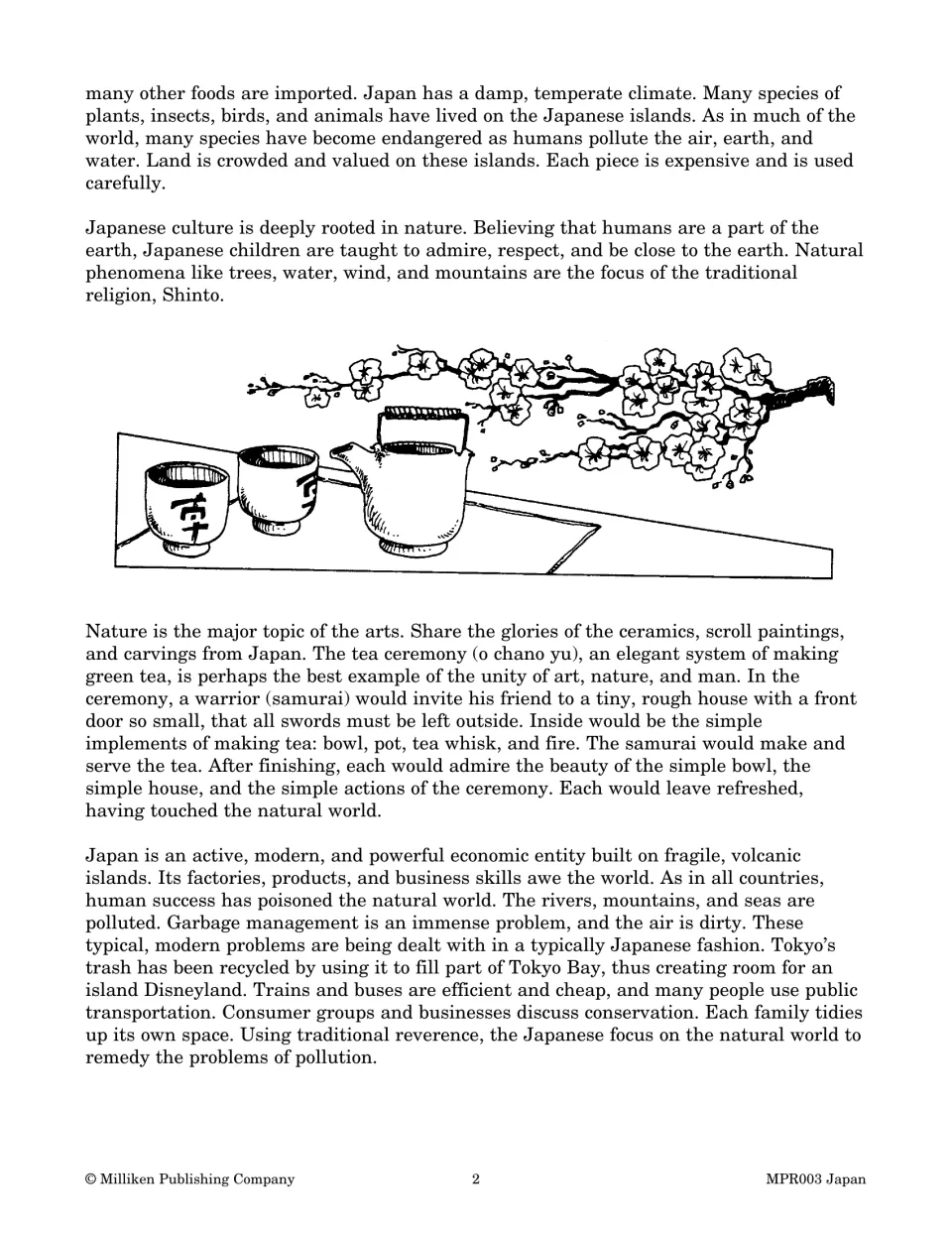 Japan reading page 2 continues with nature, Shinto, traditional arts, the tea ceremony, and environmental issues