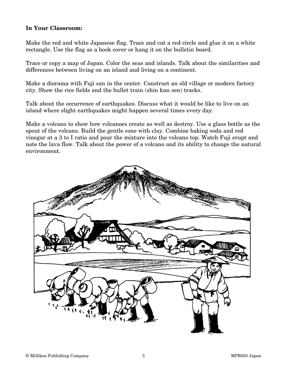 Japan classroom activity page suggests making a flag, coloring a map, building a diorama, and modeling a volcano