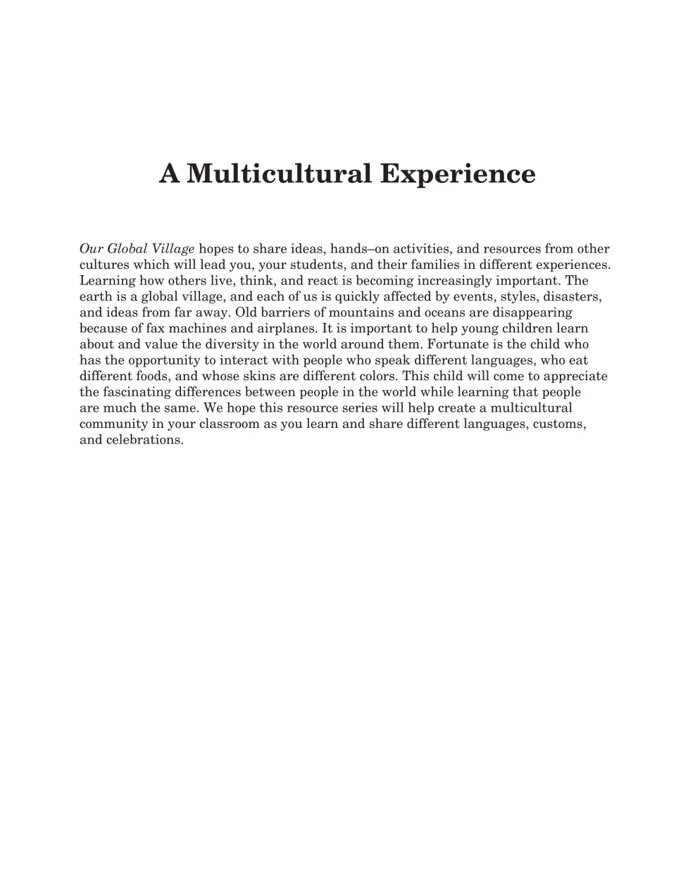 Introduction explains how the series shares cultural ideas and hands-on activities for classroom learning