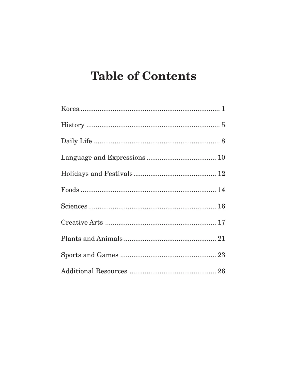 Contents page lists 11 sections, from Korea and History to Sports and Games and Additional Resources