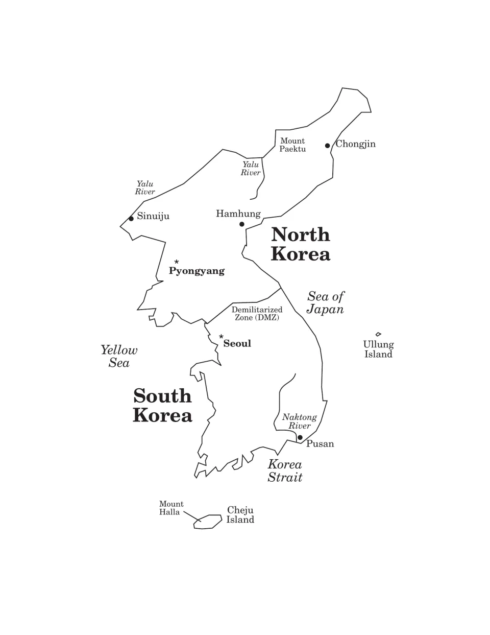 Reference map of North and South Korea labels capitals, rivers, mountains, islands, seas, and the DMZ