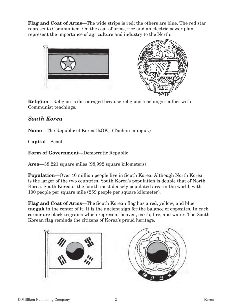 Country profiles continue with North Korean religion, South Korean facts, and both nations’ flag symbols
