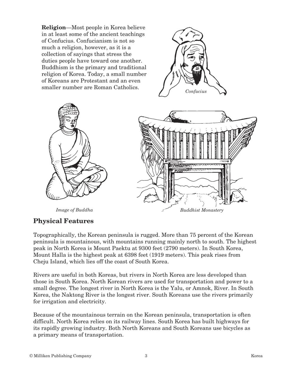 Reading covers religious traditions and Korea’s physical features, including mountains, rivers, and travel