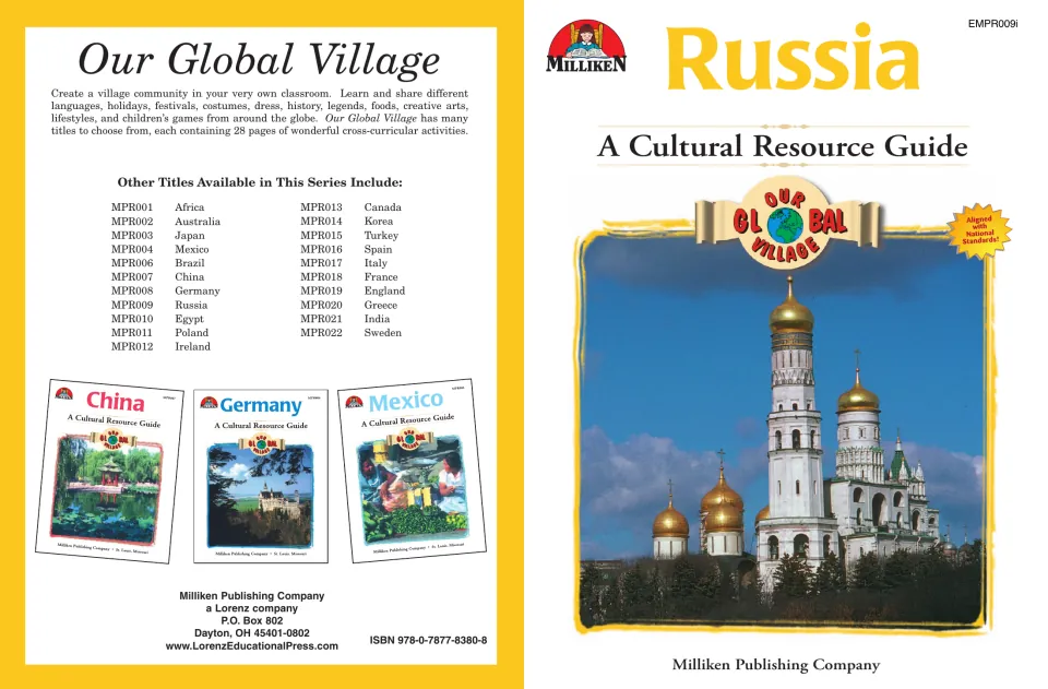 Russia cultural resource guide cover with Kremlin's golden domes; back lists other Our Global Village country titles