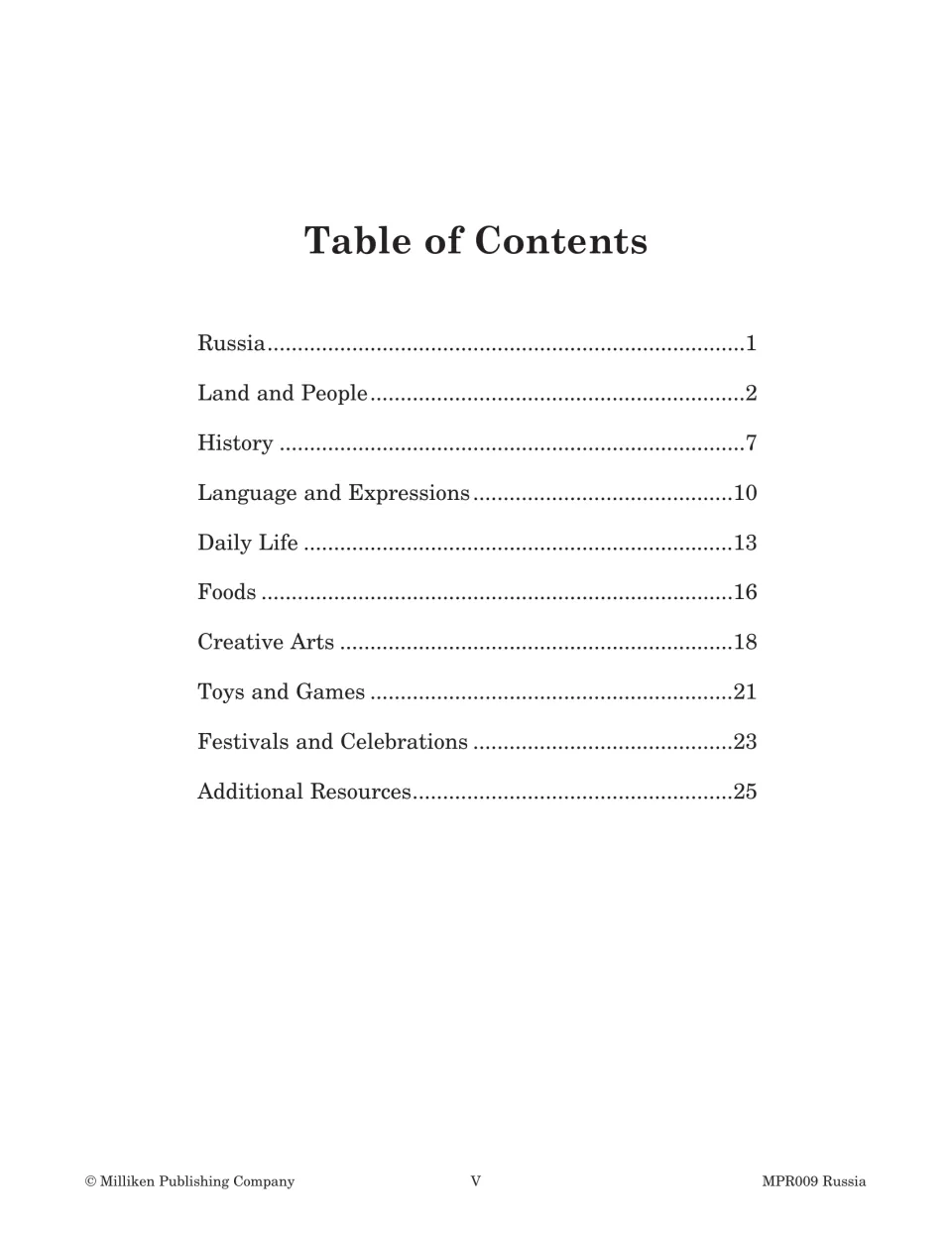 Table of contents listing Land and People, History, Language, Daily Life, Foods, Creative Arts, Games and Festivals