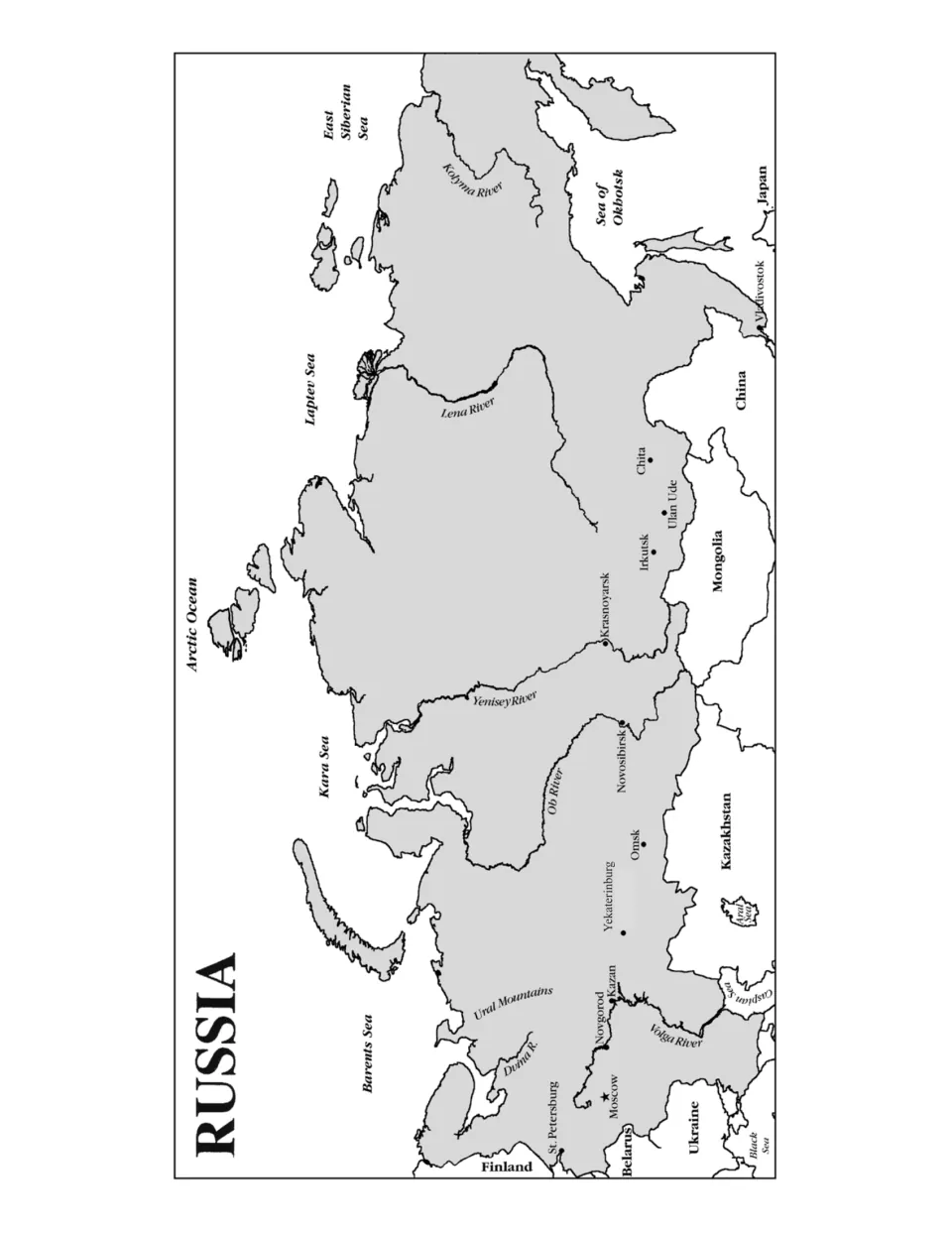 Map of Russia labeling Moscow, St. Petersburg, the Volga, Ob, Yenisey and Lena rivers, Ural Mountains and bordering seas