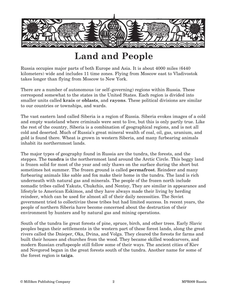 Land and People reading on Siberia, tundra, permafrost and taiga forests, with the terms krais, oblasts and rayons defined