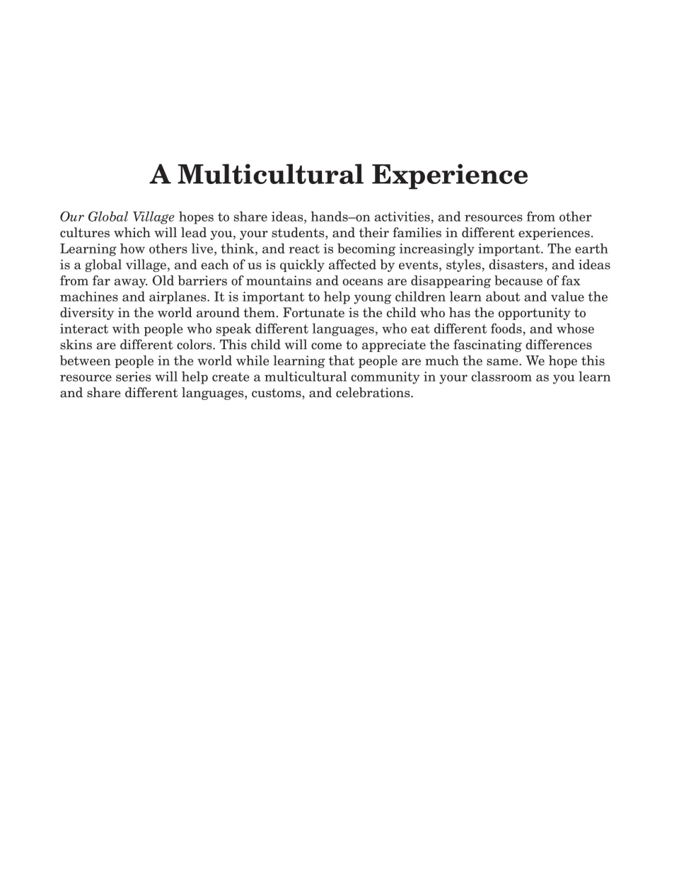 Introduction to the guide explaining its focus on cultural diversity, hands-on activities, and customs