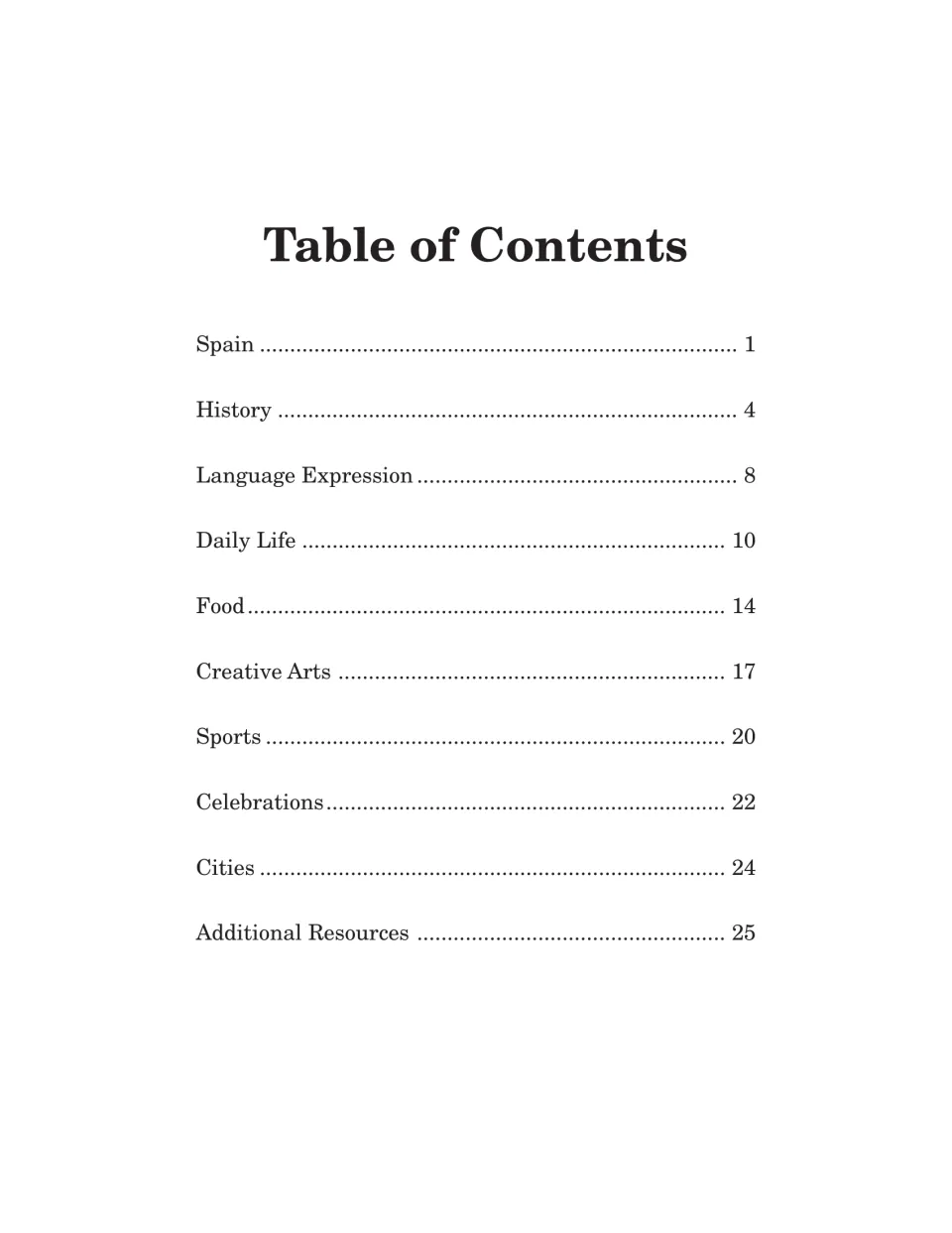 Contents page listing Spain, history, language expression, daily life, food, arts, sports, and three more sections