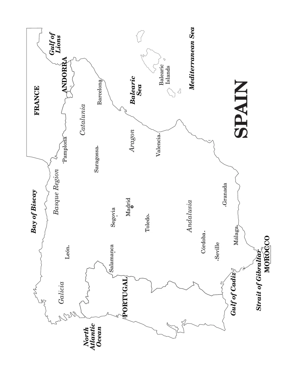 Reference map in the Spain guide labeling cities, regions, neighboring countries, islands, and surrounding waters