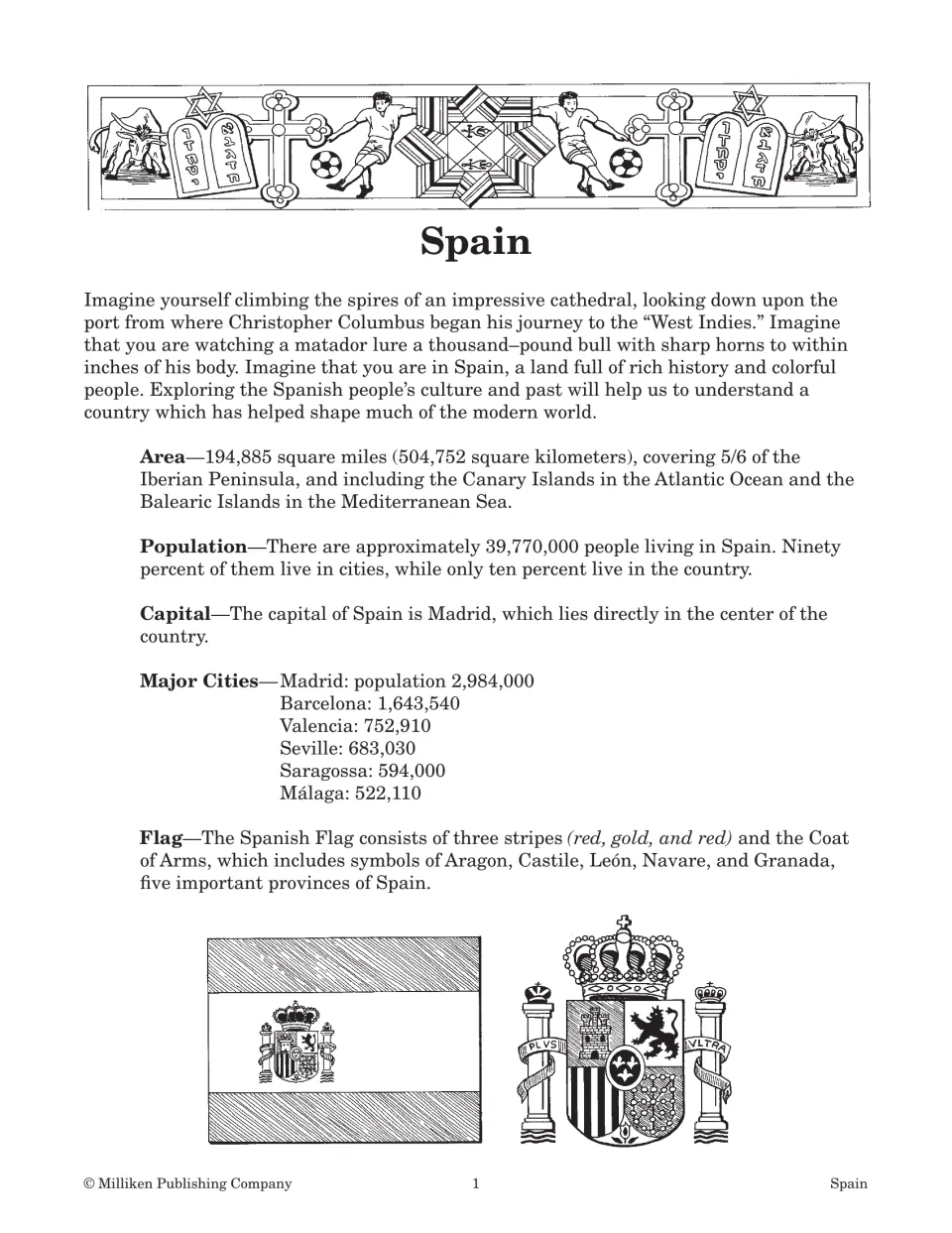 Opening reading on Spain covering area, population, capital, major cities, and the flag and coat of arms