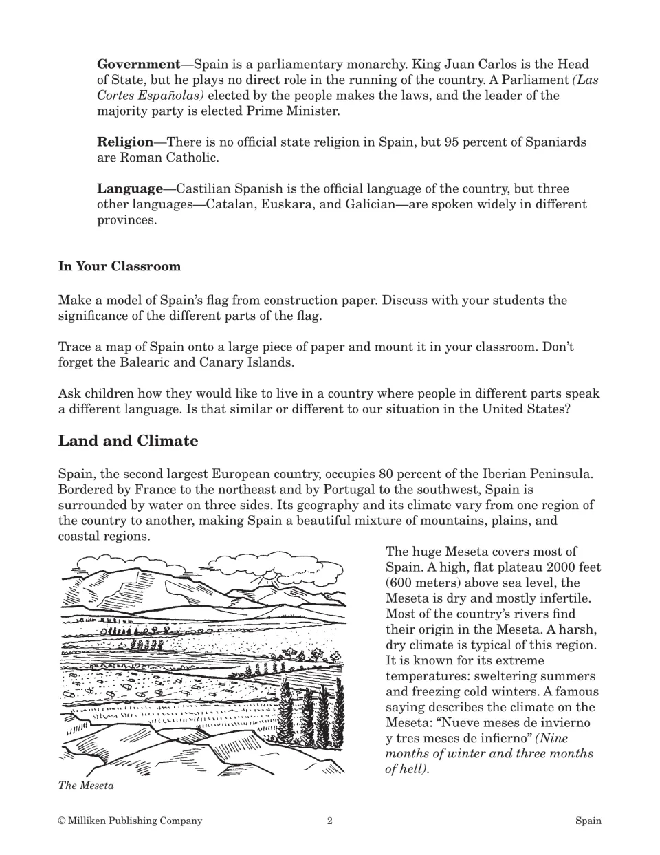 Spain reading on government, religion, languages, and the Meseta, with flag, map, and discussion activities